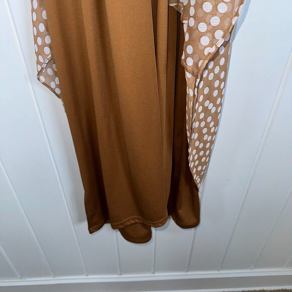 Calvin Klein Dress 14 Tan White Polka Dot Chiffon V-Neck Faux Wrap Lined Dress - Picture 9 of 12